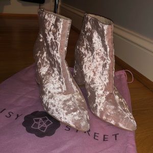 Light pink velvet daisy street heel booties